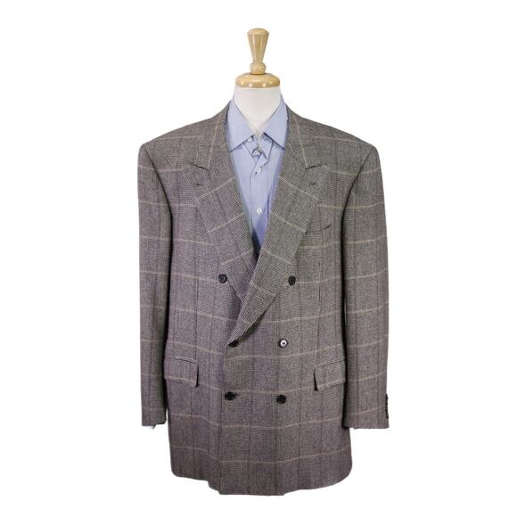 Brioni Gray Black Knit Woven Windowpane 100% Cashmere Double Breasted Blazer 48R - Picture 1 of 10
